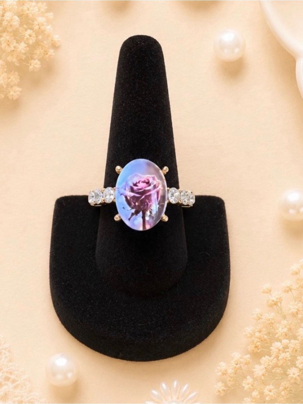 Gold Tone Fashion Ring with Purple Rose Cabochon Size 5.5-NWOT